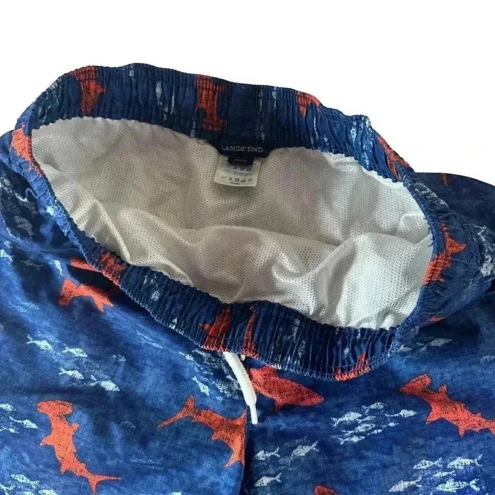 Land's End Boys Size L 14-16 Swimsuits Swim Shorts Trunks Blue Shark Drawstring